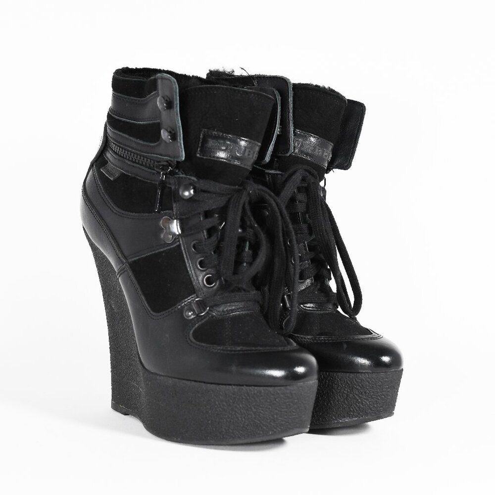 Burberry Black Leather Lace-Up Wedge Boots Women’s Size 38
